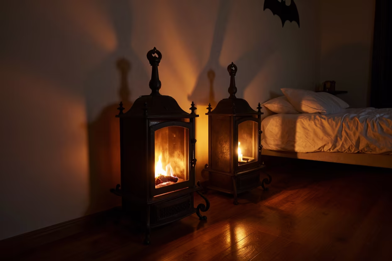 Hand-Forged Andirons in Candlelit Bedroom in in a candlelit bedroom near Batman