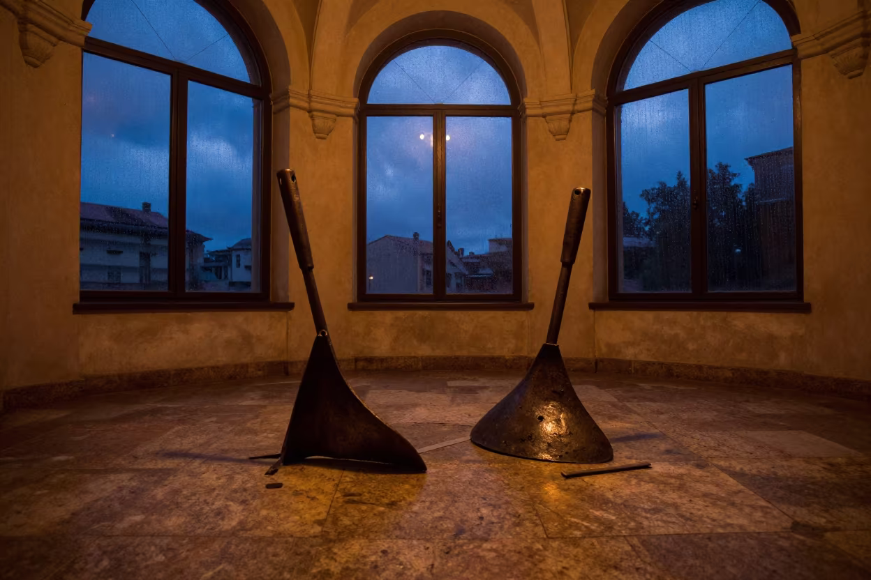 Hand-Forged Boot Scrapers in Night Atrium in inside a vaulted atrium in Chișinău