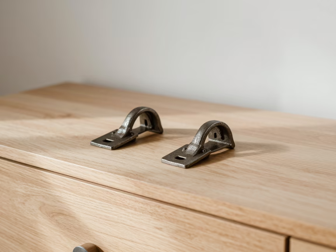 Hand forged gate latches on hotel dresser in on a hotel dresser in 10th of Ramadan