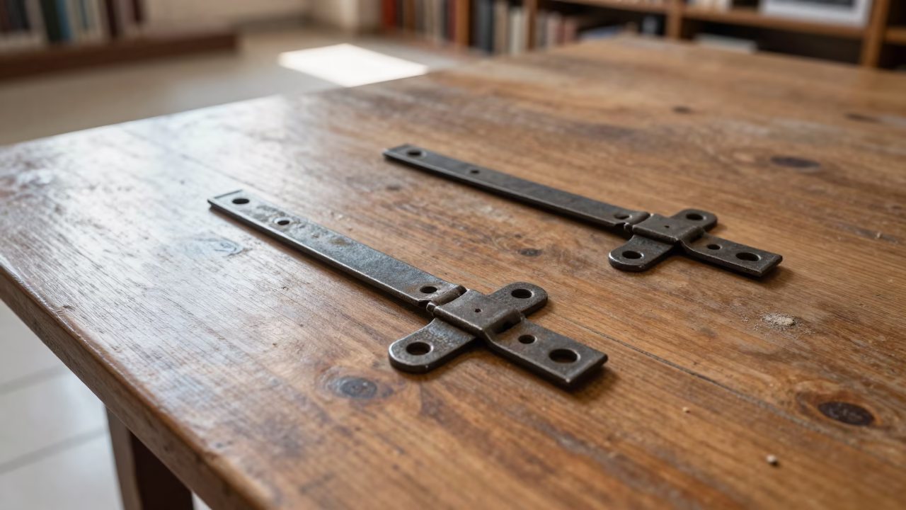 Hand-Forged Hinges on Library Table in on a dusty library table in Sulaymaniyah