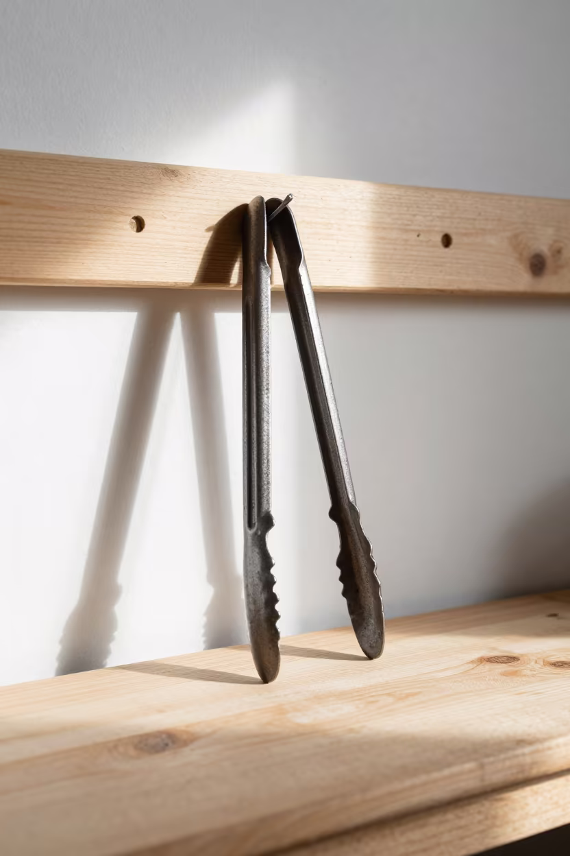 Hand-Forged Ice Tongs on Wooden Bench in on a wooden workbench near Kitsilano, Vancouver