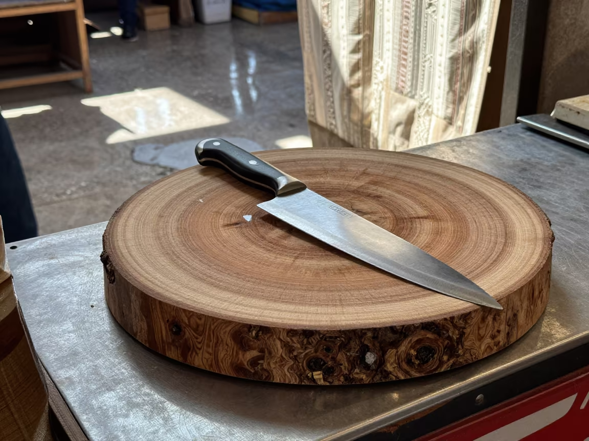 Hand-Forged Kitchen Knife on End-Grain Board in at a market stall counter near Kayseri