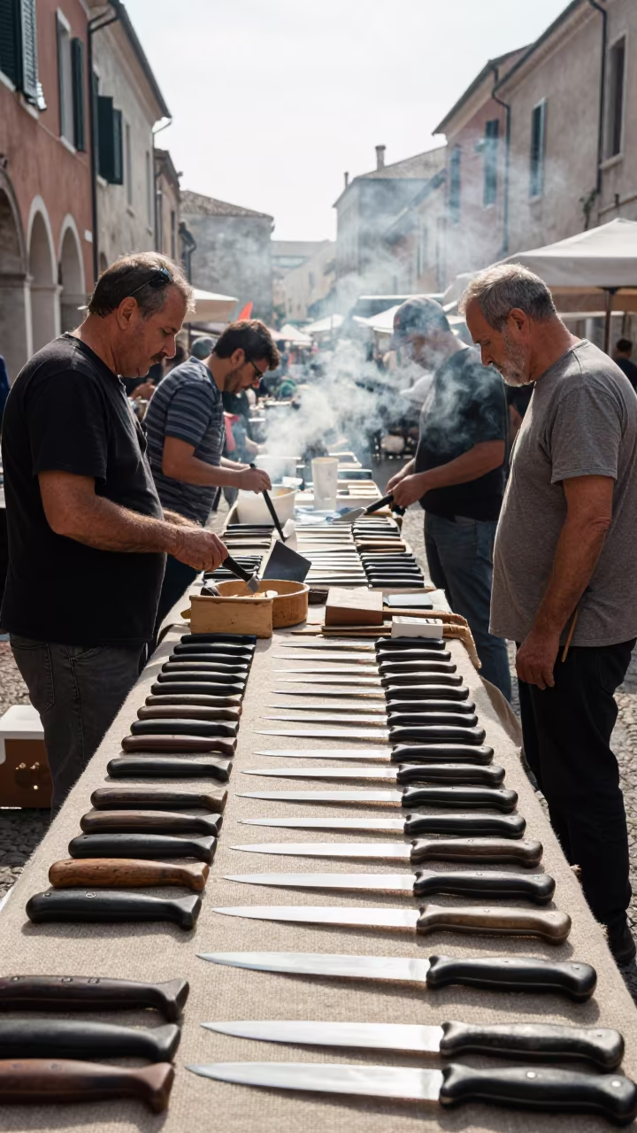 Hand-Forged Knives on Canvas at Ravenna Market in at a market stall in Ravenna