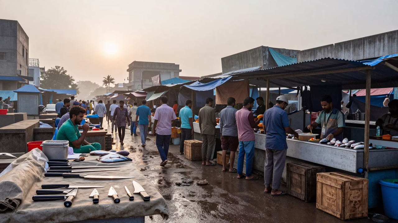 Hand-forged knives at Vadodara market stall in beside a fish counter in Vadodara