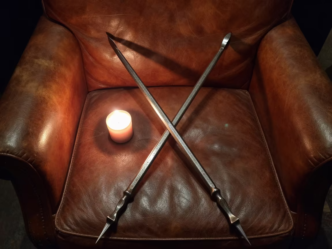 Hand-Forged Skewers on Leather Chair in on a worn leather armchair in Guelph