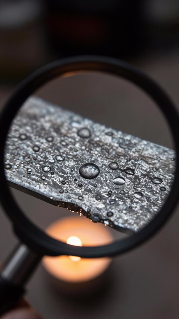 Hand-Forged Steel Texture Under Loupe in across a rain-beaded metal surface in Palma
