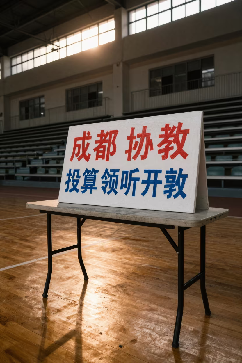 Hand Painted Budget Listening Sign in Chengdu Gym in inside a polling station gymnasium near Chunxi Road, Chengdu