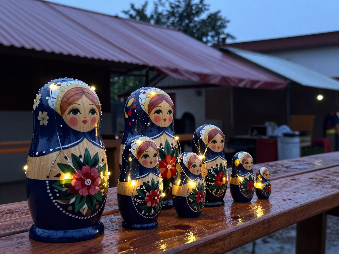 Hand-painted Nesting Dolls at Sangli Market in at a flower auction bench in Sangli
