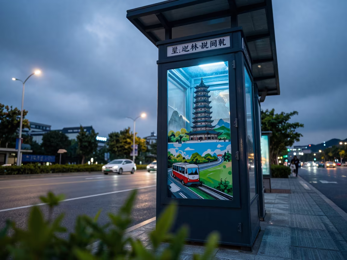 Hand-Painted Sign at Guilin Tram Stop in at a tram stop in Guilin