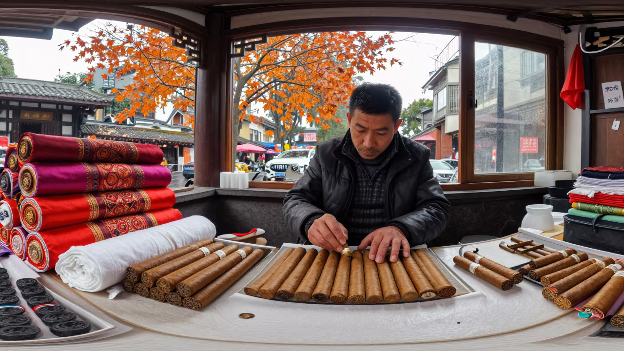 Hand Rolled Cigars Vendor in Chengdu Market Stall in at a textile trader's stall in Yulin, Chengdu