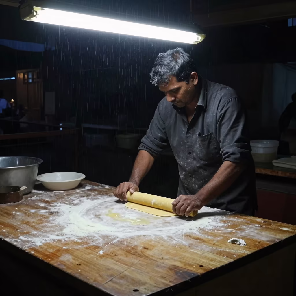 Hand Rolled Fresh Pasta at Nadiad Market Stall in at a market stall counter in Nadiad