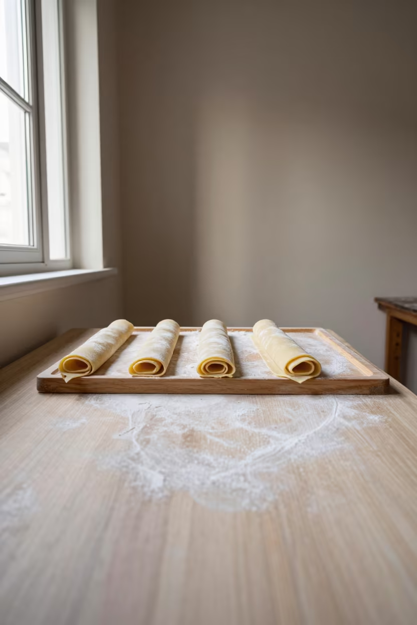 Hand Rolled Fresh Pasta on Tea House Tray in on a tea house tray in Chaman