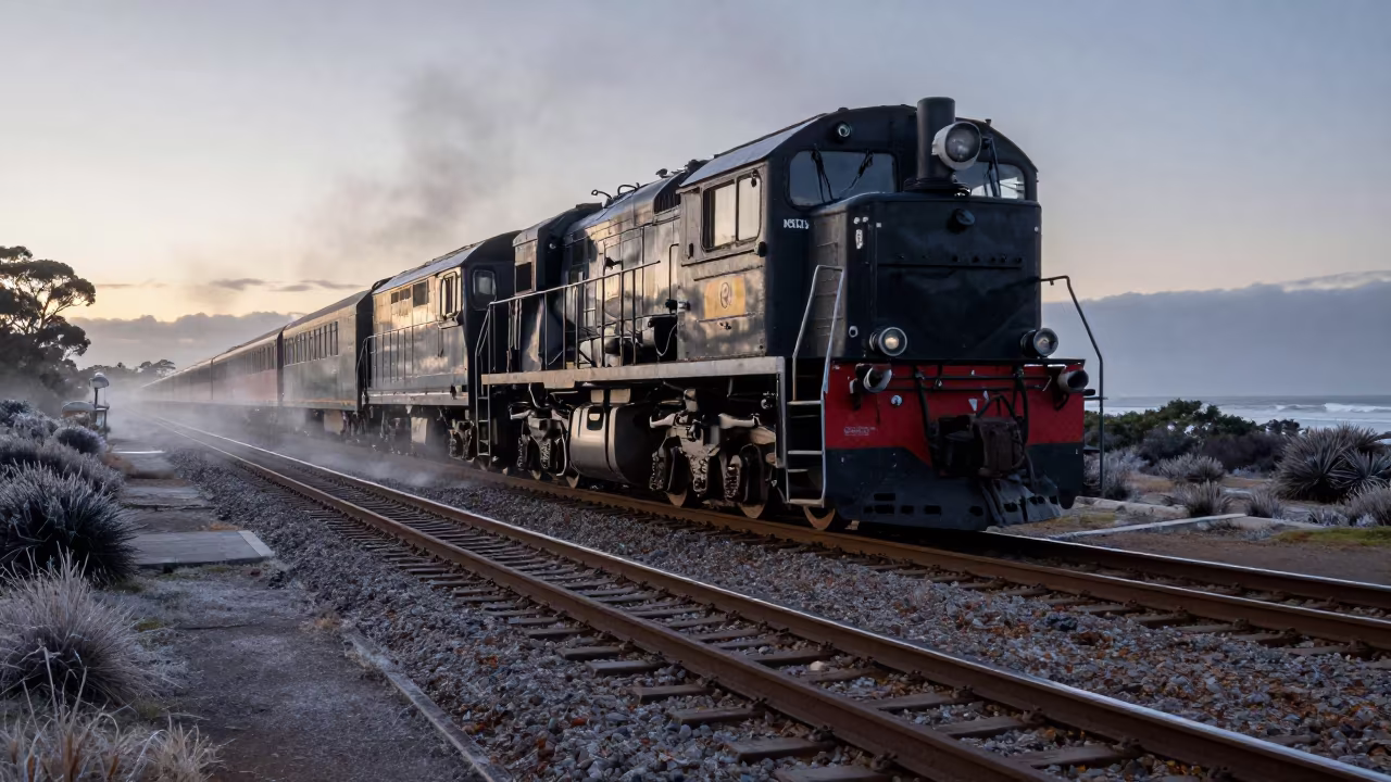 Hand Rotated Locomotive on Turntable at Predawn in on a wind-open causeway in New South Wales