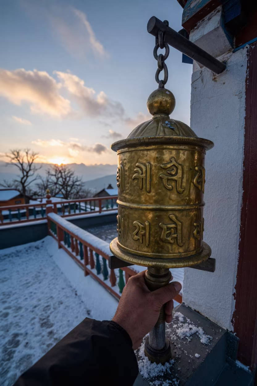 Hand Spinning Brass Prayer Wheel at Winter Sunset in beside a rooftop prayer wall above the tree line near Shimla