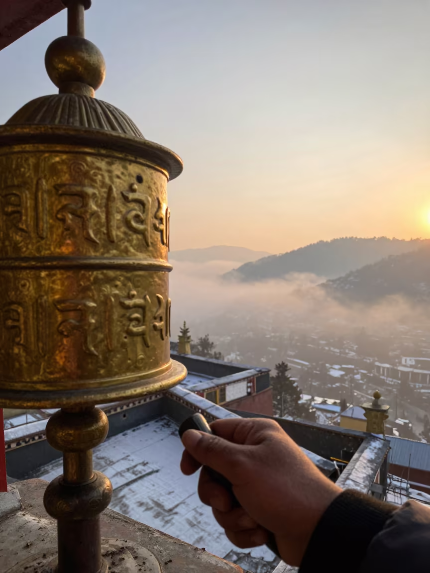 Hand Spins Brass Prayer Wheel on Misty Rooftop in on a monastery rooftop above a mountain valley near Shimla