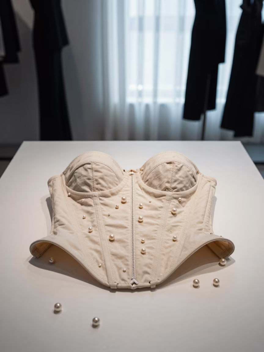 Hand-Stitched Couture Bodice and Scattered Pearls in inside a minimalist showroom in Acapulco de Juárez