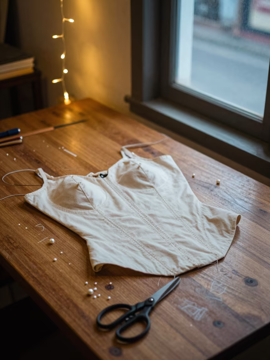 Hand-stitched Couture Bodice on Tailoring Table in at a tailoring table strewn with chalk and shears in Freak Street, Kathmandu