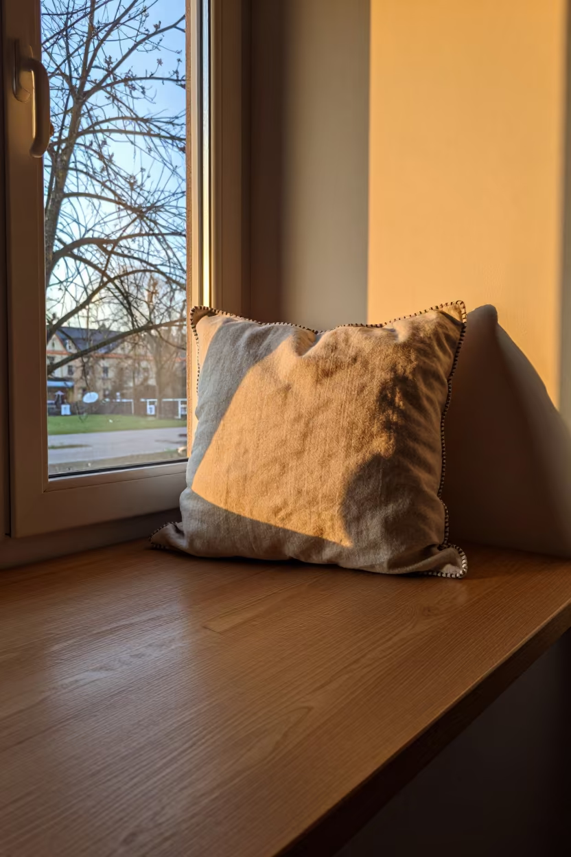 Hand-Stitched Linen Pillow on Reading Nook in Uppsala in on a reading nook cushion in Uppsala
