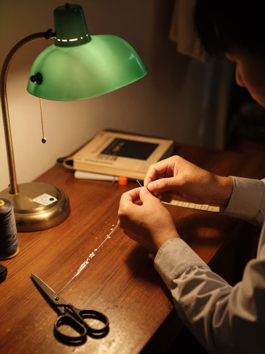 Hand-Stitched Sleeve Placket Under Green Lamp in at a tailoring table strewn with chalk and shears in Jinja