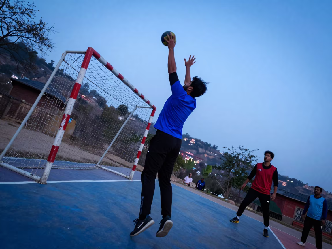 Handball Goalkeeper Blocks Shot Near Delhi Mosque in on a mountain path near Jama Masjid, Delhi