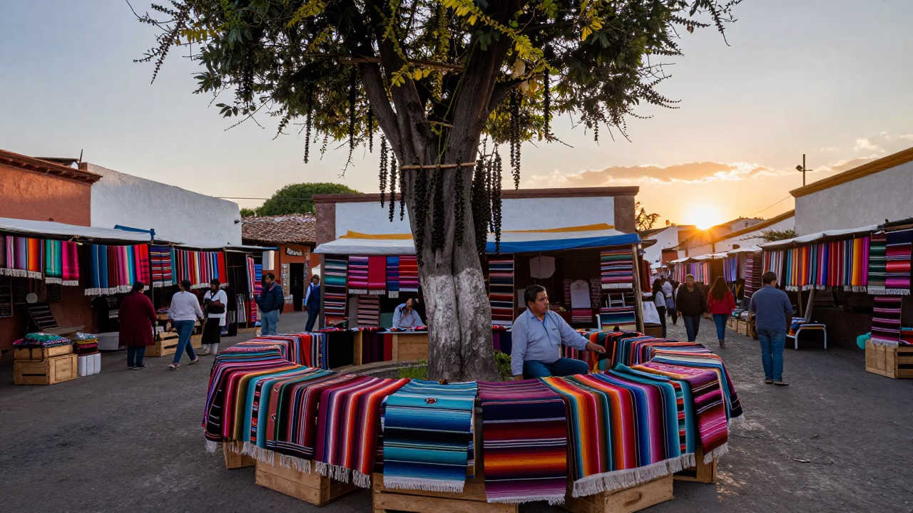 Handcrafted Textiles in Oaxaca at As The Sun Drops Toward The Horizon in in Oaxaca, Mexico