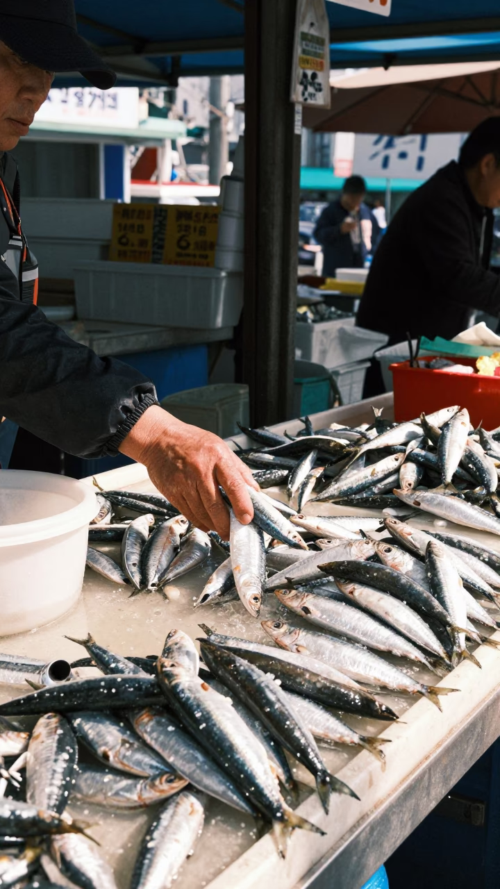 Handling Sardines in Busan in in Busan, South Korea