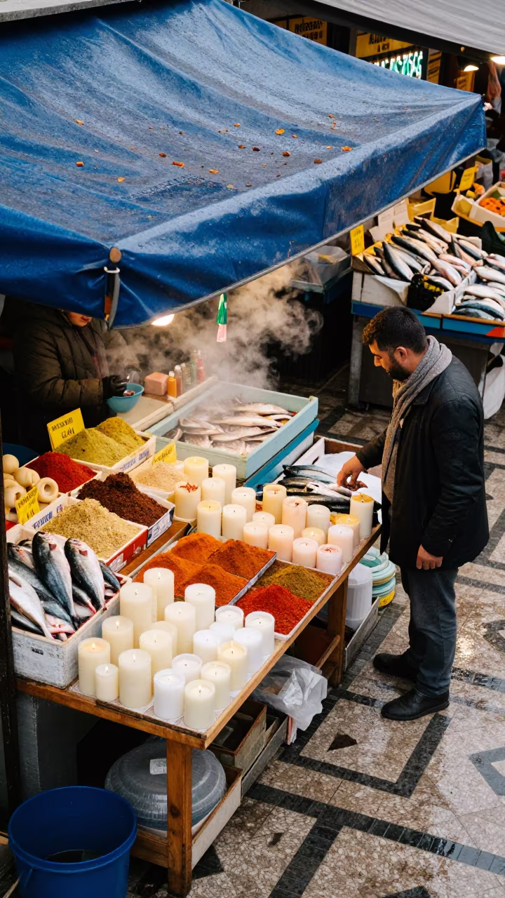 Handmade Candles Vendor at Winter Market Booth in beside a fish counter in Kütahya