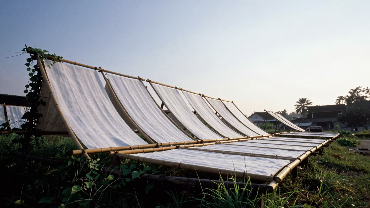 Handmade Paper Drying on Bamboo Screens in near Kuala Lumpur