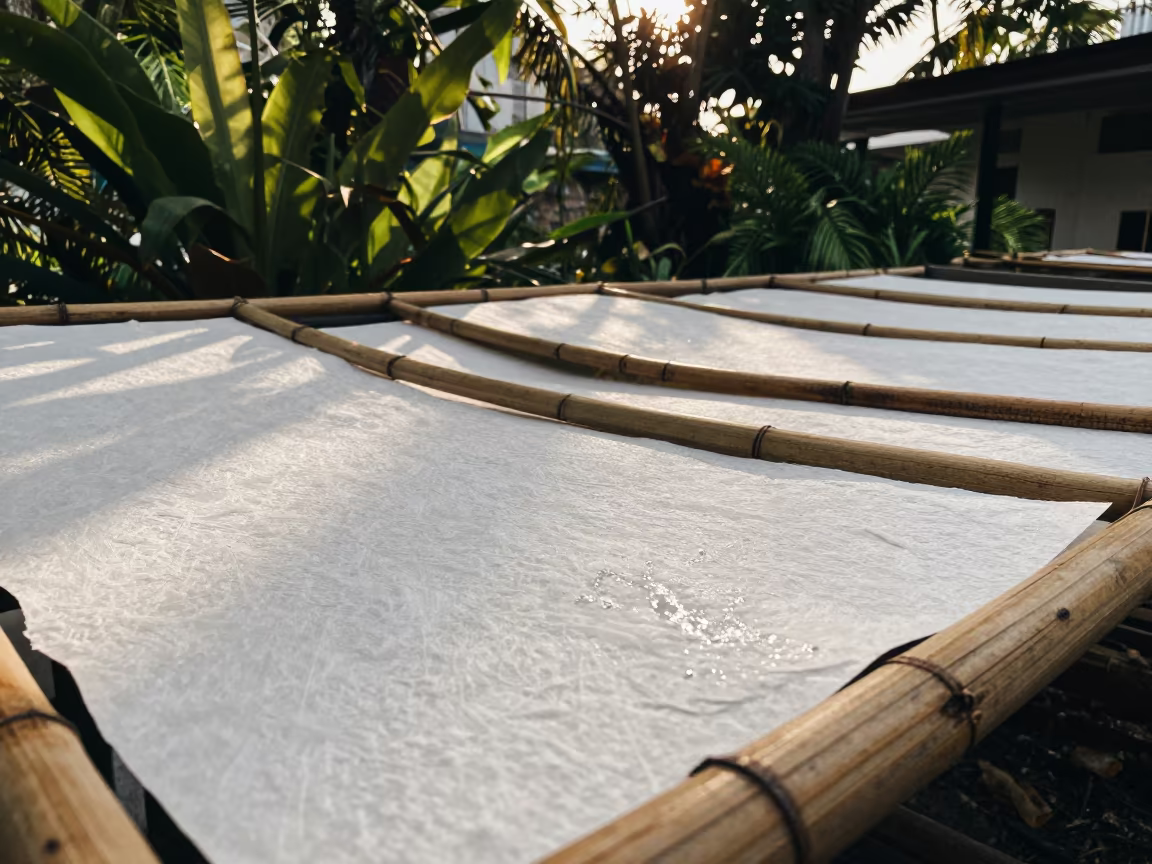 Handmade Paper Drying on Bamboo Screens in near Kuala Lumpur