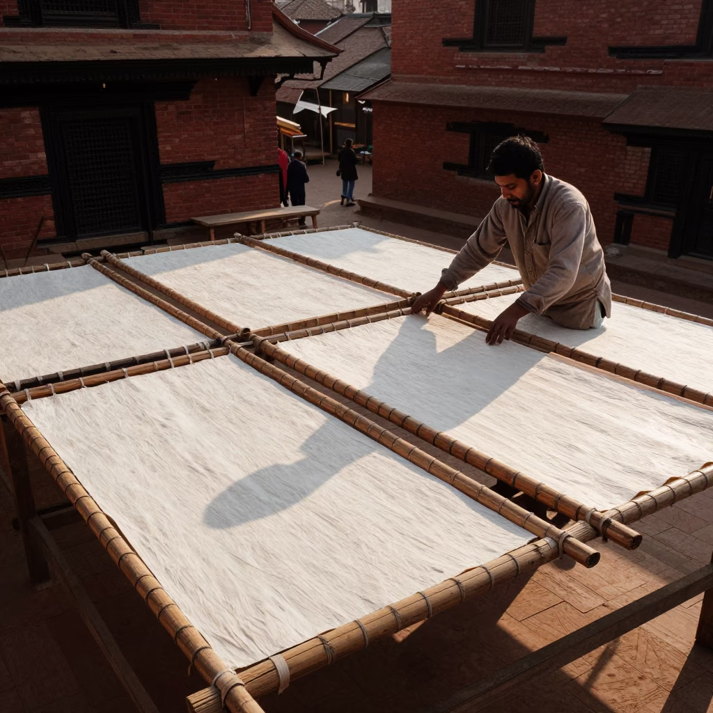 Handmade Paper Drying on Bamboo Screens in Kathmandu Early Afternoon Sunlight in in Kathmandu, Nepal