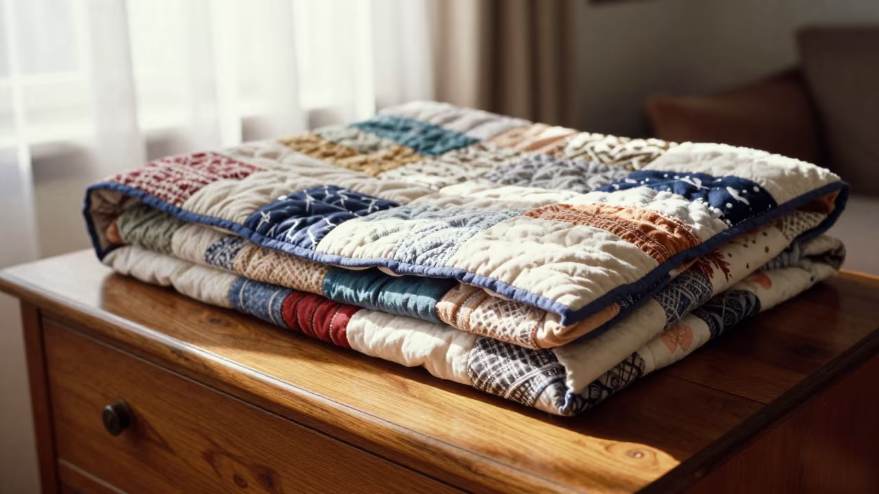 Handmade Quilt on Cedar Chest in Qingdao Room in in a sunlit living room in Qingdao