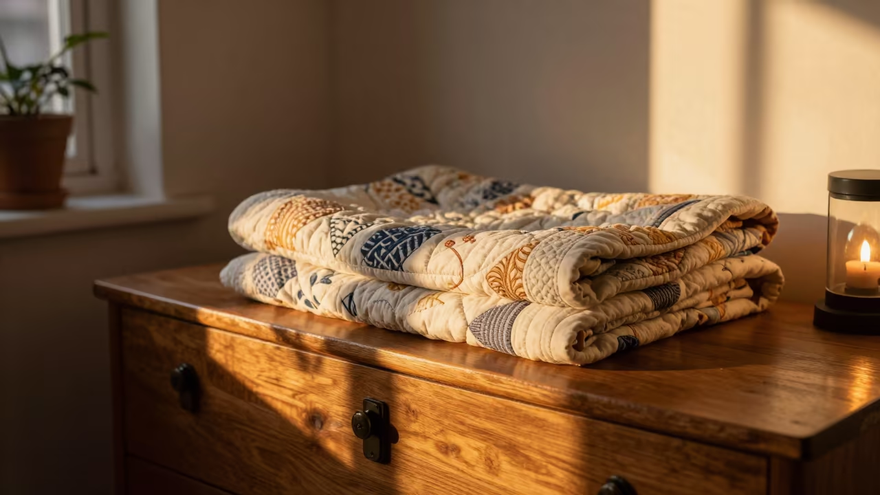Handmade Quilt on Cedar Chest in Shanghai Nook in in a breakfast nook in Shanghai