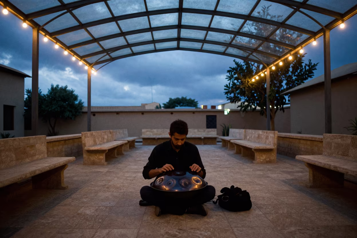 Handpan Player in Glass Roofed N'Djamena Arcade in inside a glass-roofed arcade in N'Djamena