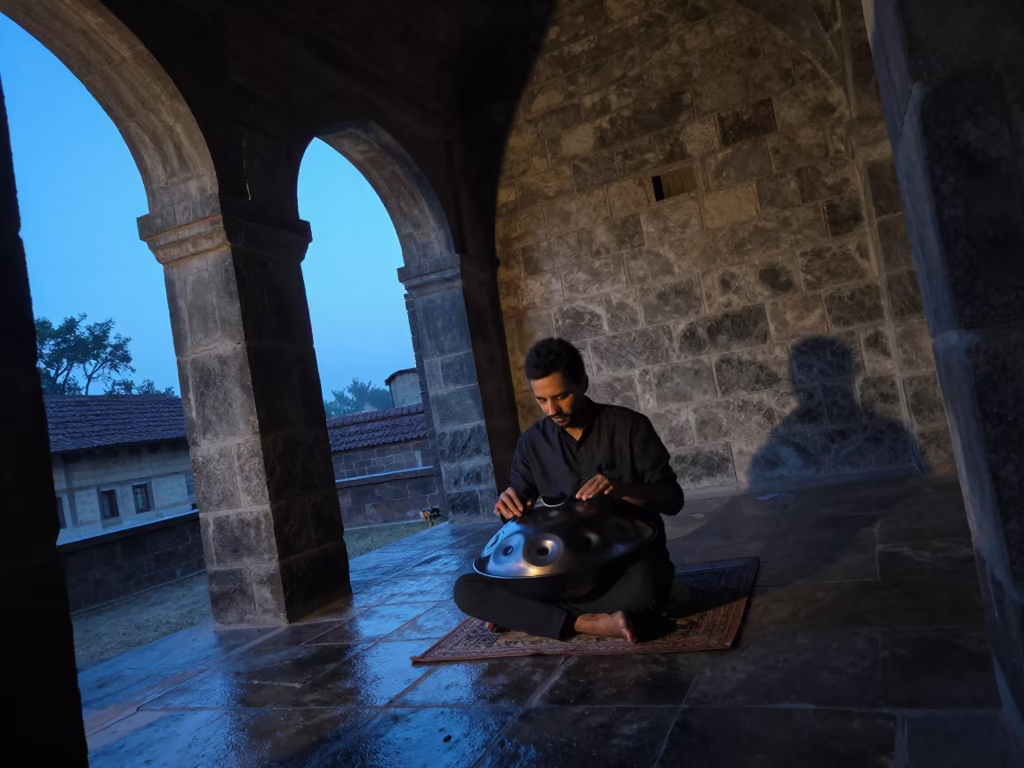 Handpan Player in Muzaffargarh Stone Atrium in inside a vaulted atrium in Muzaffargarh