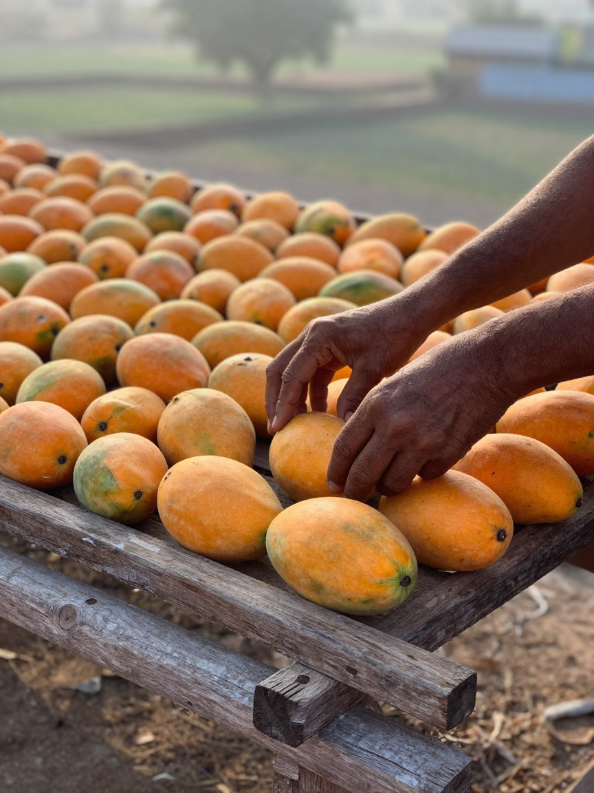 Hands Arranging Mangoes in Jaipur in in Jaipur, India