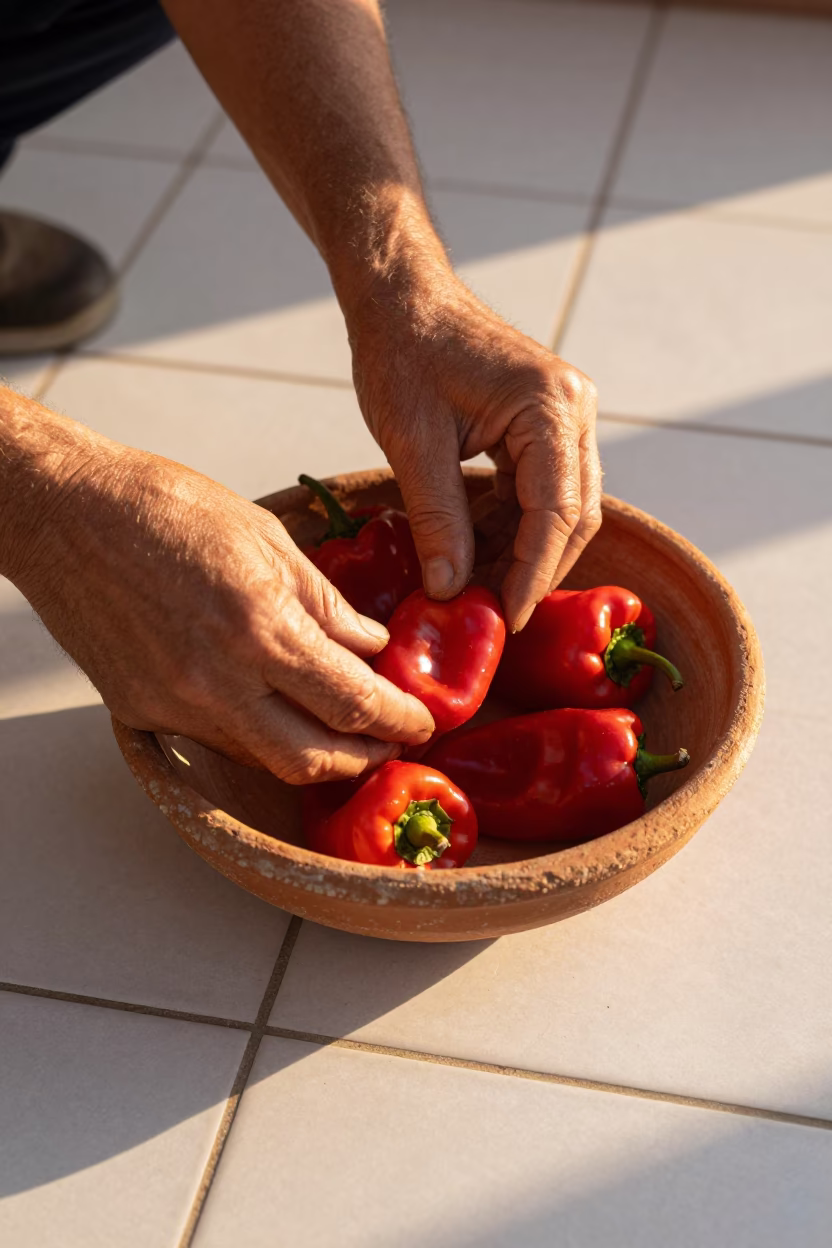 Hands Arranging Peppers in Seville in in Seville, Spain