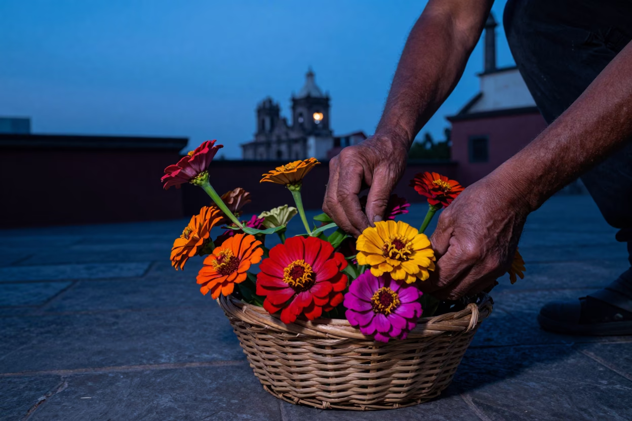 Hands Arranging Zinnias in Mexico City in in Mexico City, Mexico
