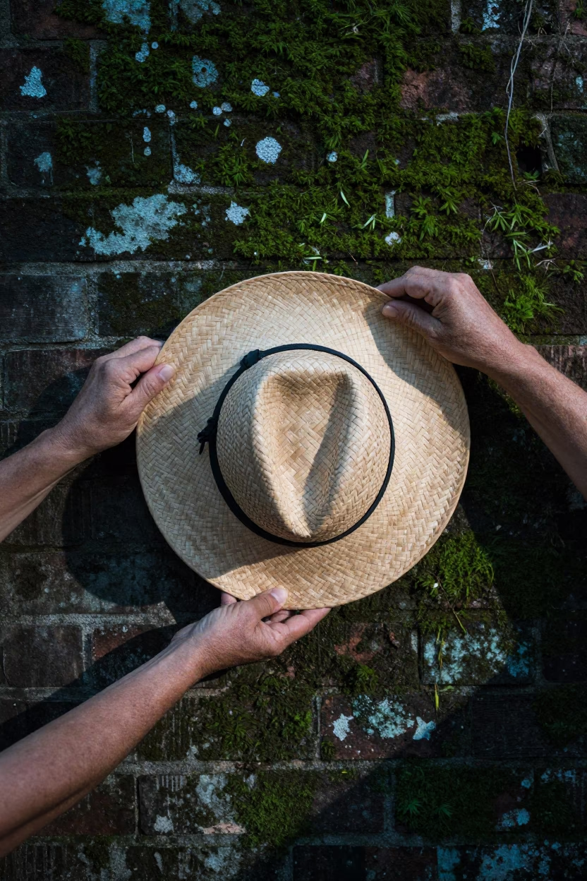 Hands Holding A Woven Sun Hat in Charleston in in Charleston, South Carolina, United States