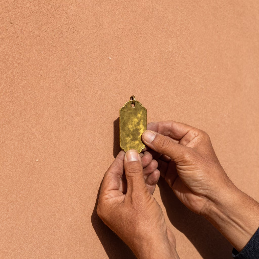 Hands Holding Brass Tag in Marrakech in in Marrakech, Morocco