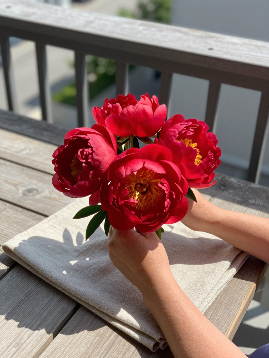 Hands Holding Peonies in Montreal in in Montreal, Quebec, Canada