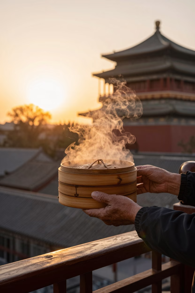 Hands Holding Steamer in Beijing in in Beijing, China