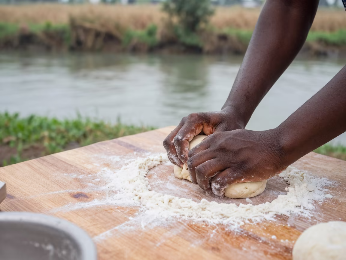 Hands kneading dough beside Siguiri canal in beside a canal in Siguiri