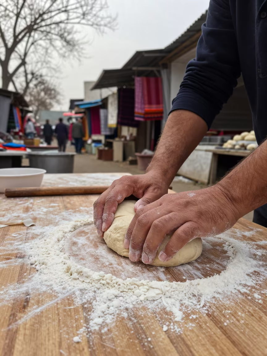 Hands Kneading Dough in Lahore Market Lane in along a market lane in Lahore