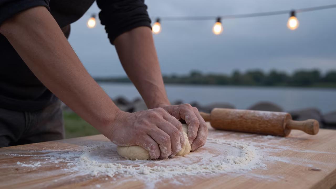 Hands kneading dough at riverside Minsk twilight in near a riverside landing in Minsk