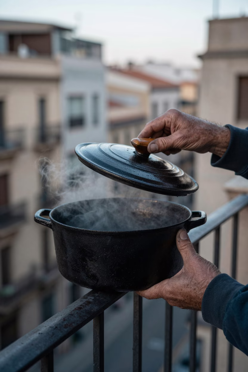 Hands Lifting A Pot Lid in Barcelona in in Barcelona, Spain