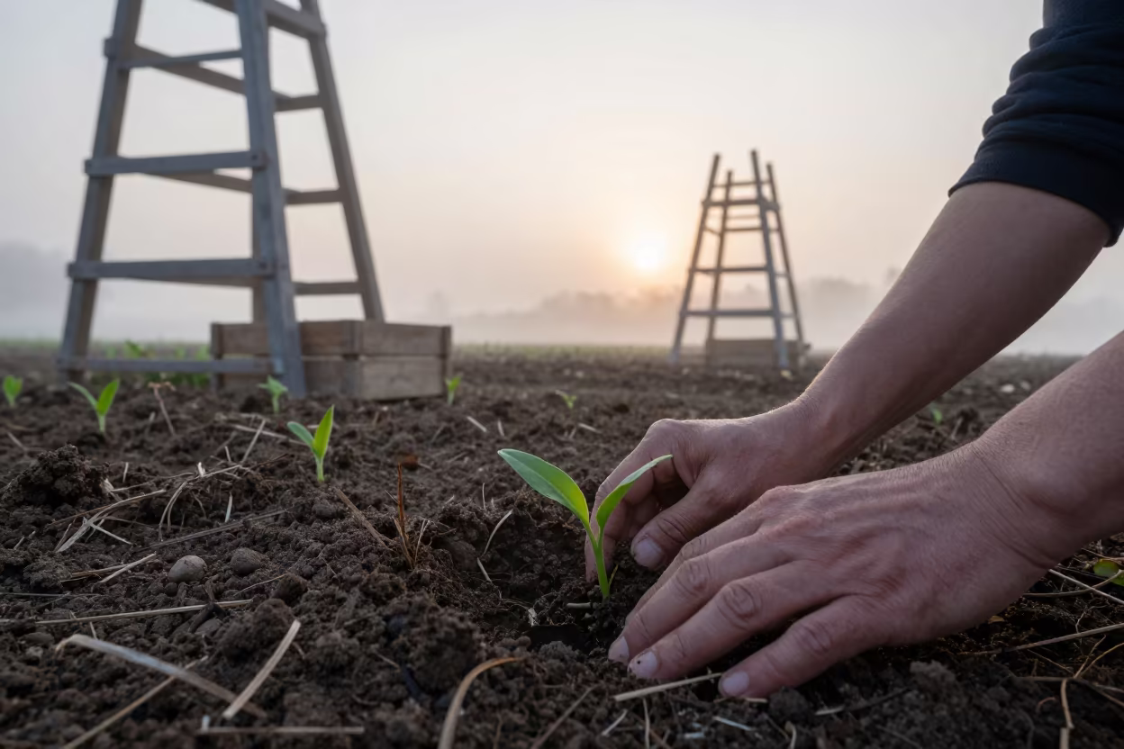 Hands Planting Seedlings in Anhui Mist Before Sunrise in among orchard ladders and crates in Anhui