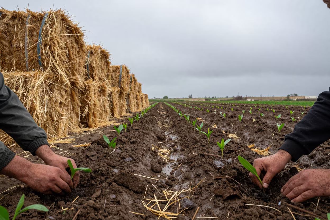 Hands Planting Seedlings Beside Hay Bales Iraq in beside stacked hay bales in Iraq
