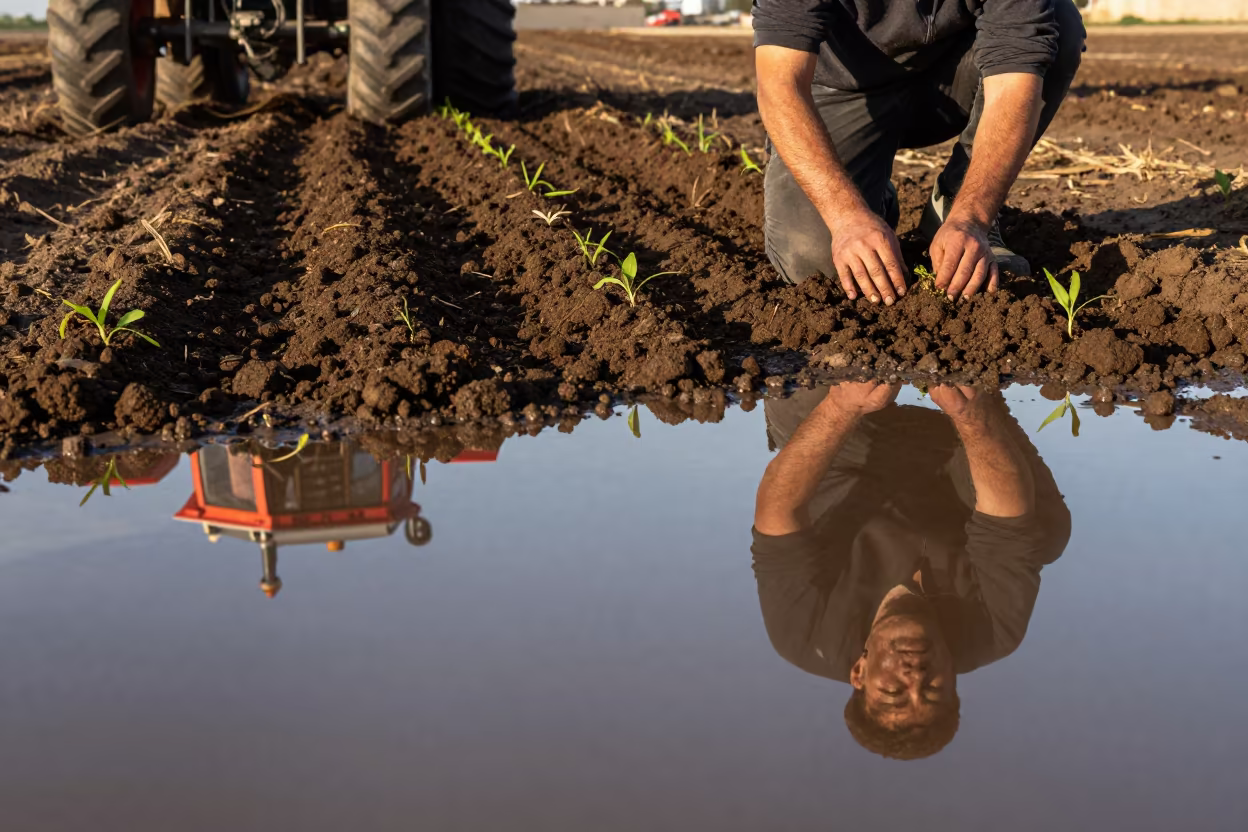 Hands Planting Seedlings in Mirror Soil in beside a tractor track through dark soil in Tétouan