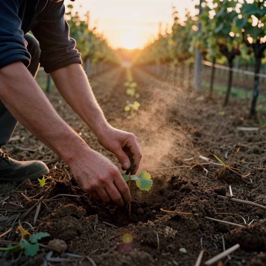 Hands Planting Seedlings Between Vineyard Trellises in between vineyard trellises near Šiauliai