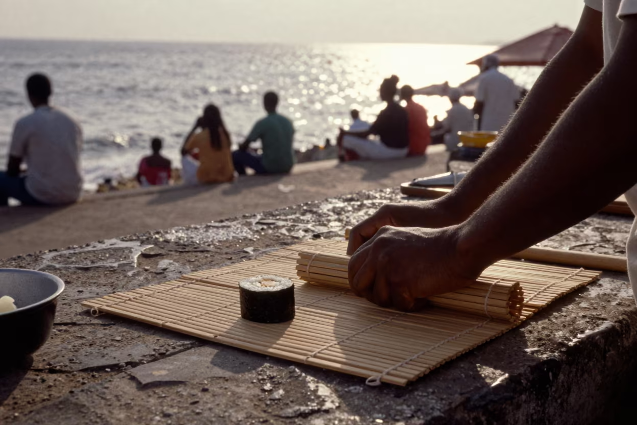 Hands rolling sushi on bamboo mat in at a public square in Mombasa